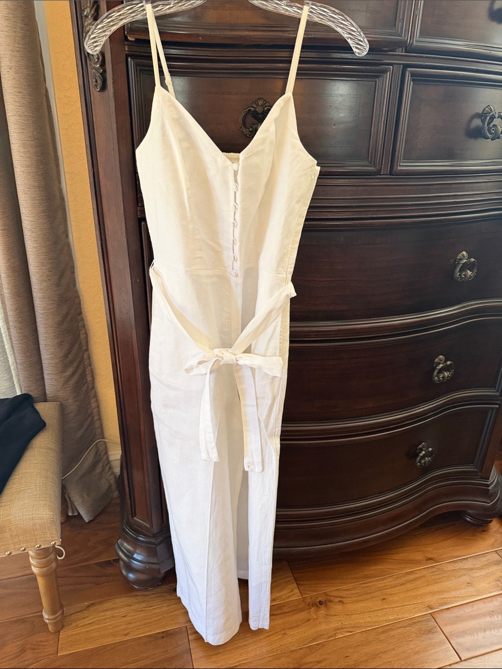 White Linen Button-Front jumpsuit with Tie Waist